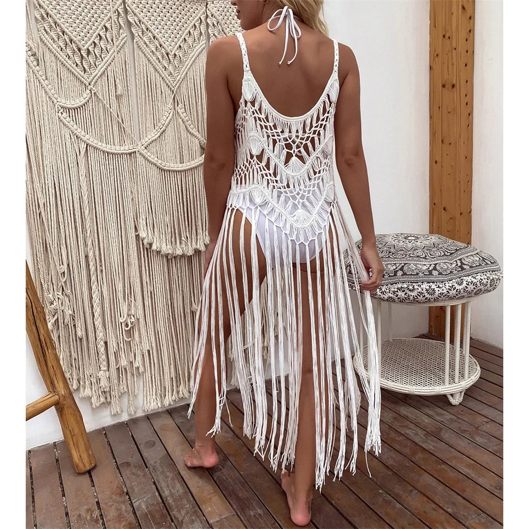 3 Colors Hollow Out Fringe Tassel Knitted Crochet Tunic Beach Cover Up Cover-ups Beach Dress Beach Wear Beachwear Female V3847