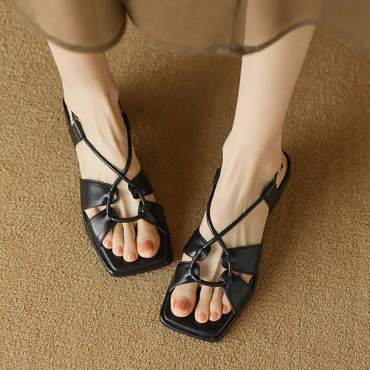 Summer New Model Fashion Middle Heeled Women's Sandals Black Buckle Open-toe Comfortable Hollow-out Women's Shoes High 3.5cm
