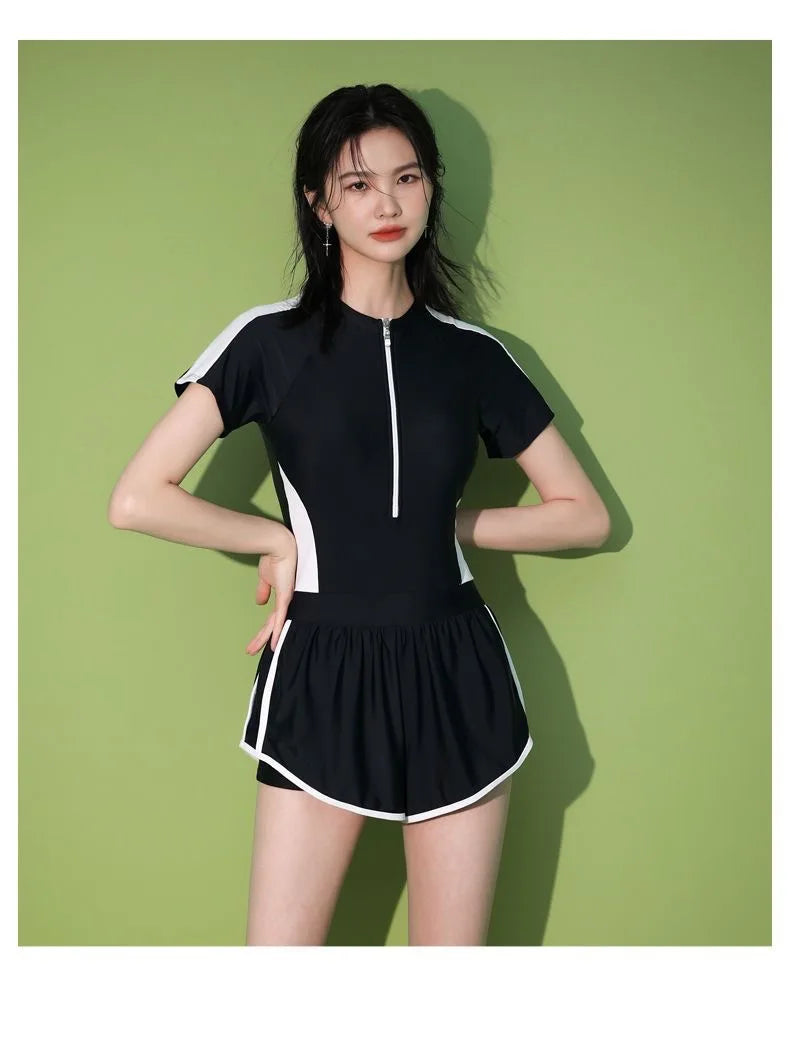 New Women's Swimsuit, One-piece Coverage Slimming Effect  Conservative Sports Style Hot Spring Flat Leg Pants Swimsuit Plus Size