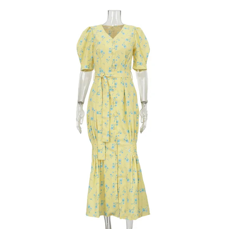 FDYOUI 2026 Summer V-neck Short Sleeve Floral Print Yellow Party Dress Women Single Breasted Lace-up Slim Long Vacation Dresses