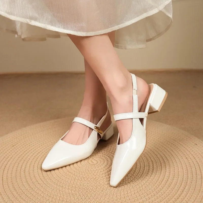 White Leather Pointed Toe Low Heel Heels Woman Shoes Pumps Fashion Buckle Strap Mules Sandals Zapatos Mujer