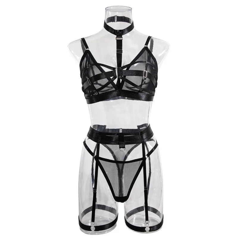 Toucheart Sexy Mesh Patchwork Halter Bra Set For Women Solid Color Hot Girl Girdle Garter Belt Micro See-through Underwear Set