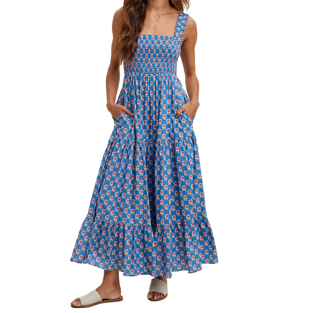 Women Summer Bohemian Floral Print Sundress Smocked Square Neck Sleeveless Backless A-line Long Tiered Ruffle Dress with Pockets