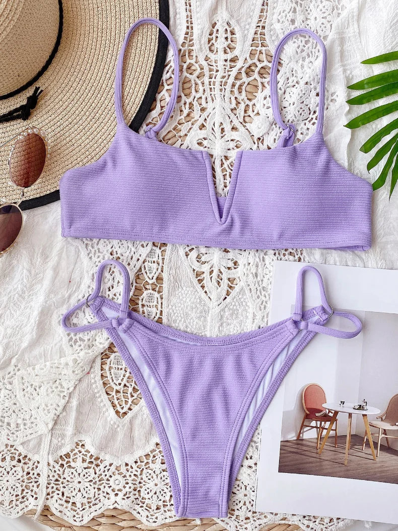 Sexy Bikini Women Small V-neck Pit Striped Double Straps Light Purple Swimwear Swimsuit Bikinis Set Bathing Suit Female Biquinis