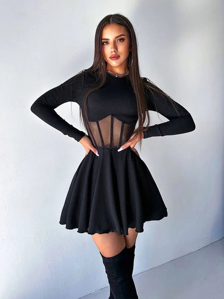 Ahagaga Fashion Solid Women's Mini Dresses A-Line Knitted Sheer Slim Fit Long Sleeves Bodycon O-Neck Party Streetwear Vestidos