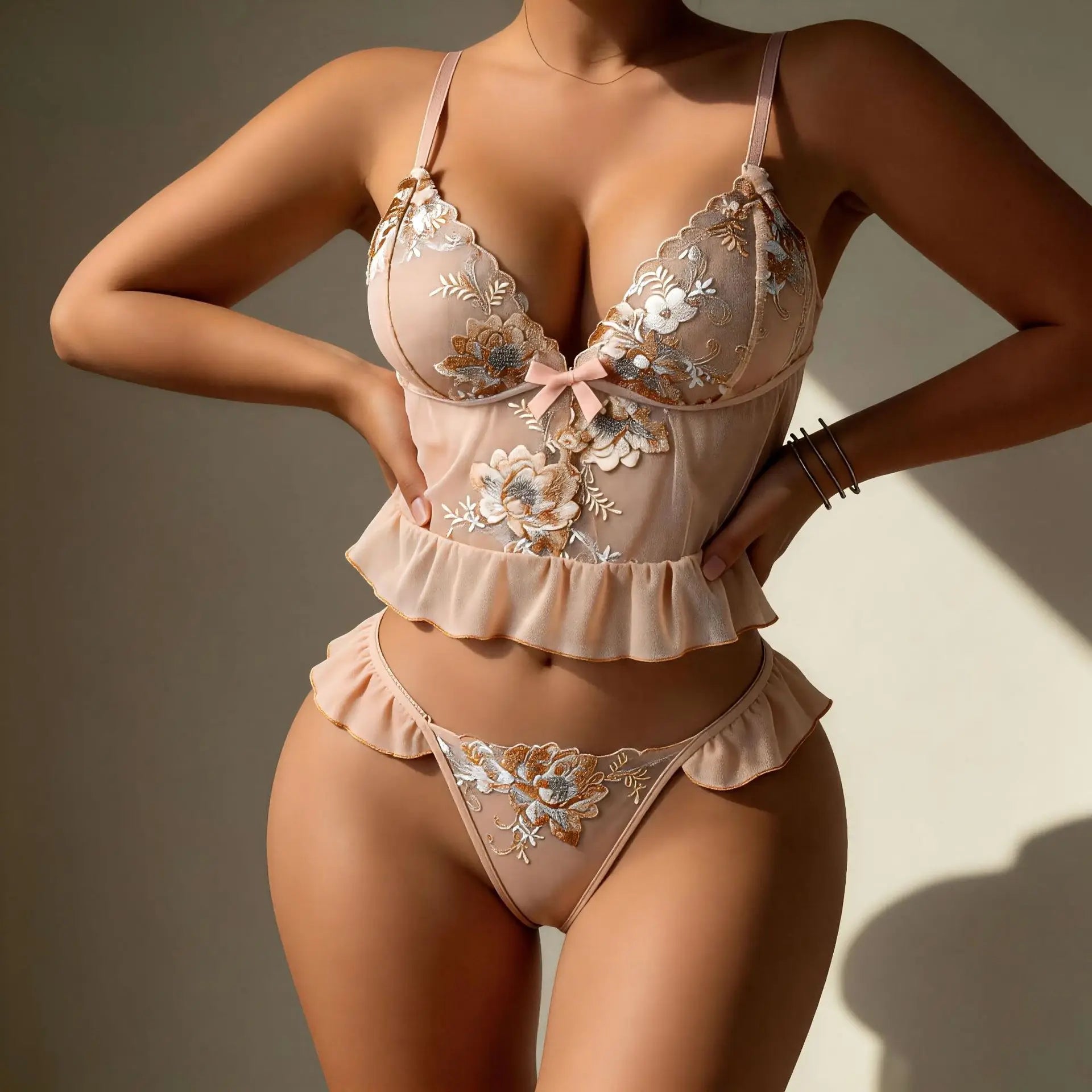 Floral Embroidery Lace Lingerie Set Sexy Women Sheer Mesh Ruffle Trim Cami Top And Panty 2 Piece Sleepwear