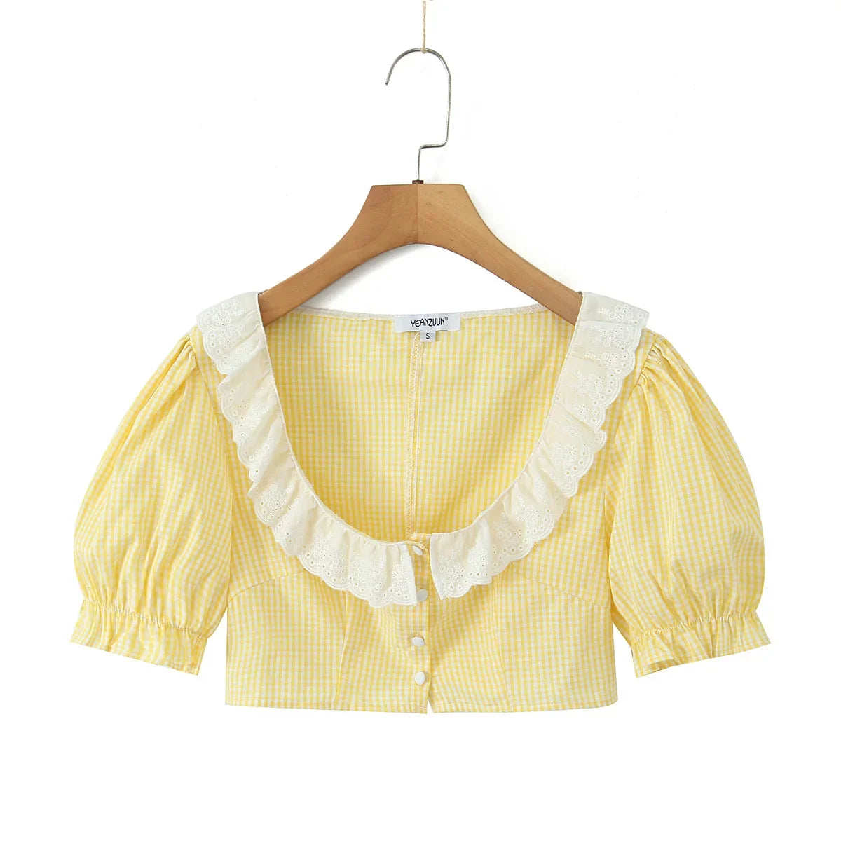 Foridol Gingham Printed Yellow Women Summer Dress Set Lace Top+skirt Sets Vintage French Style Midi Dress Oufits Plaid Vestidos