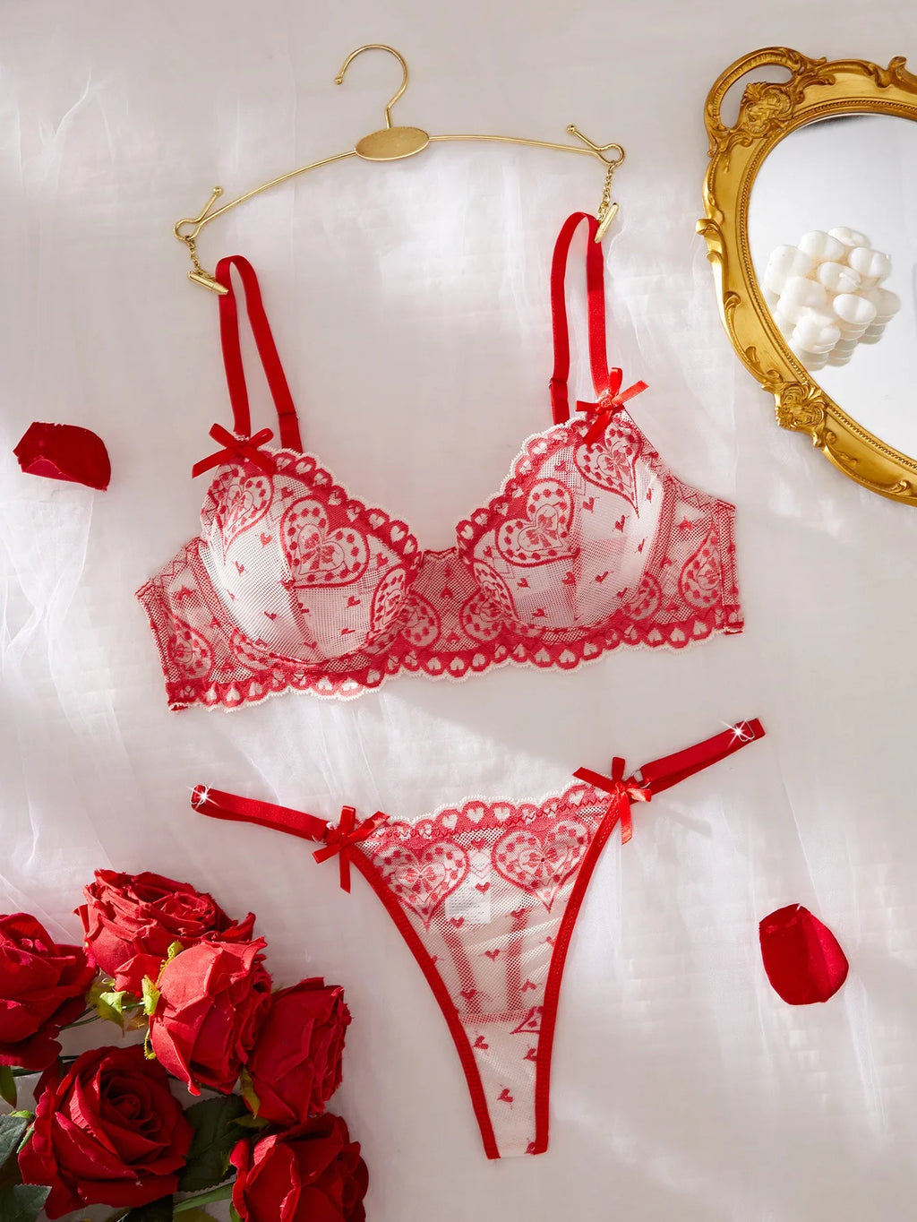 European and American erotic lingerie love lace print Valentine's Day pure desire push-up bra set