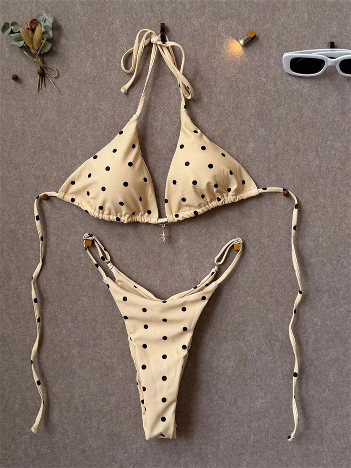Sexy Black Polka Dot Print Bikini Set Women Pearls Push Up Bra Thong Swimwear 2026 Summer Bathing Suit Holiday Micro Swimsuit