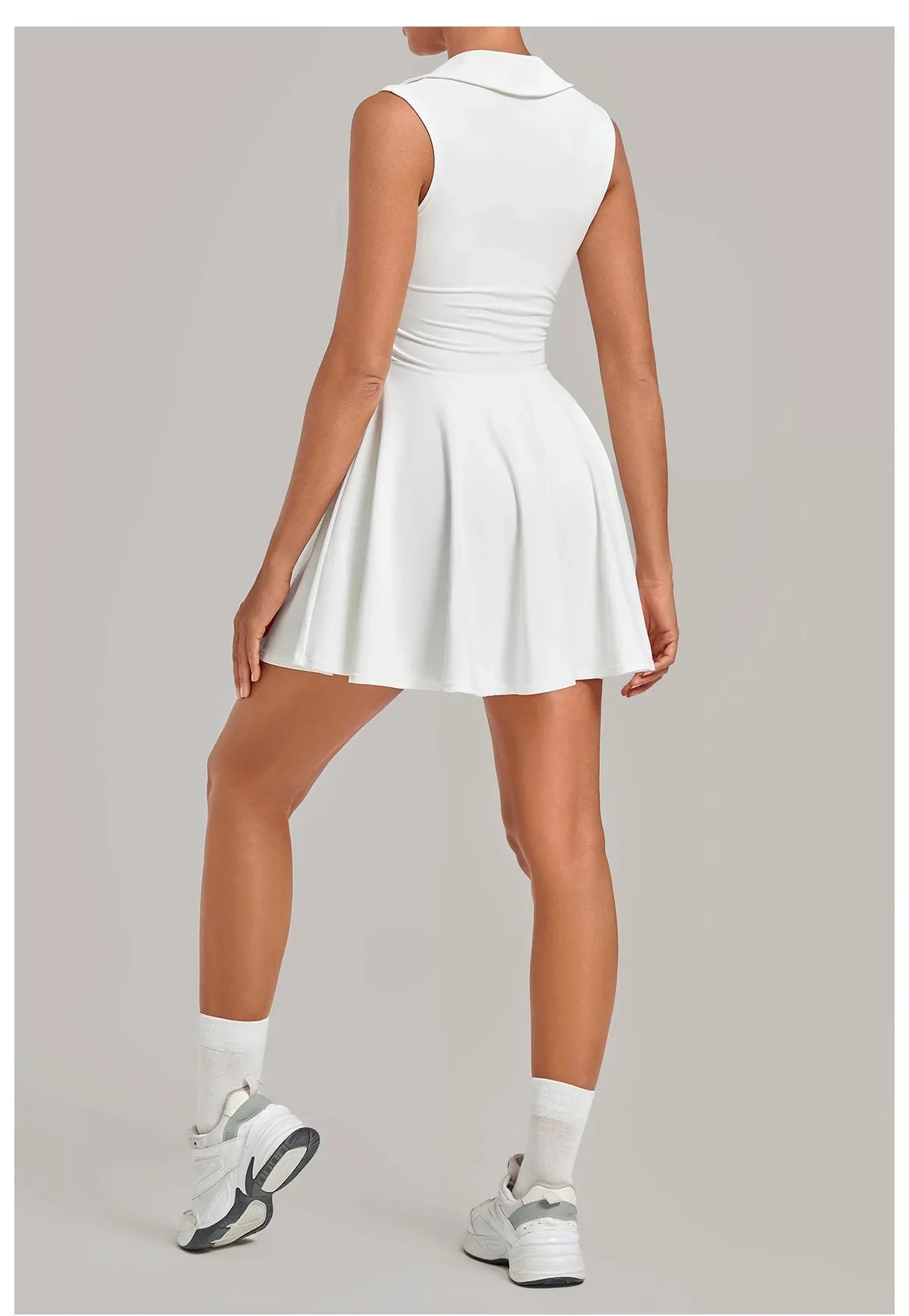 Summer Women Solid Tennis Dresses Sleeveless Turn Down Collar Pleated Skirts with Detachable Pocket Shorts Slim Yoga Golf Dress