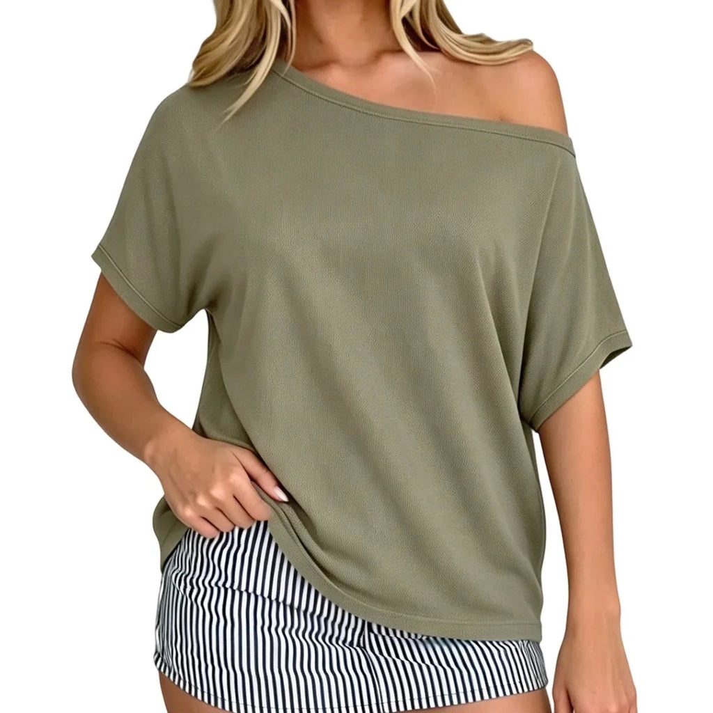 Women Off Shoulder T-shirt Loose Fit Short Sleeve Boat Neck Going Out Tops Casual Summer Shirts Streetwear