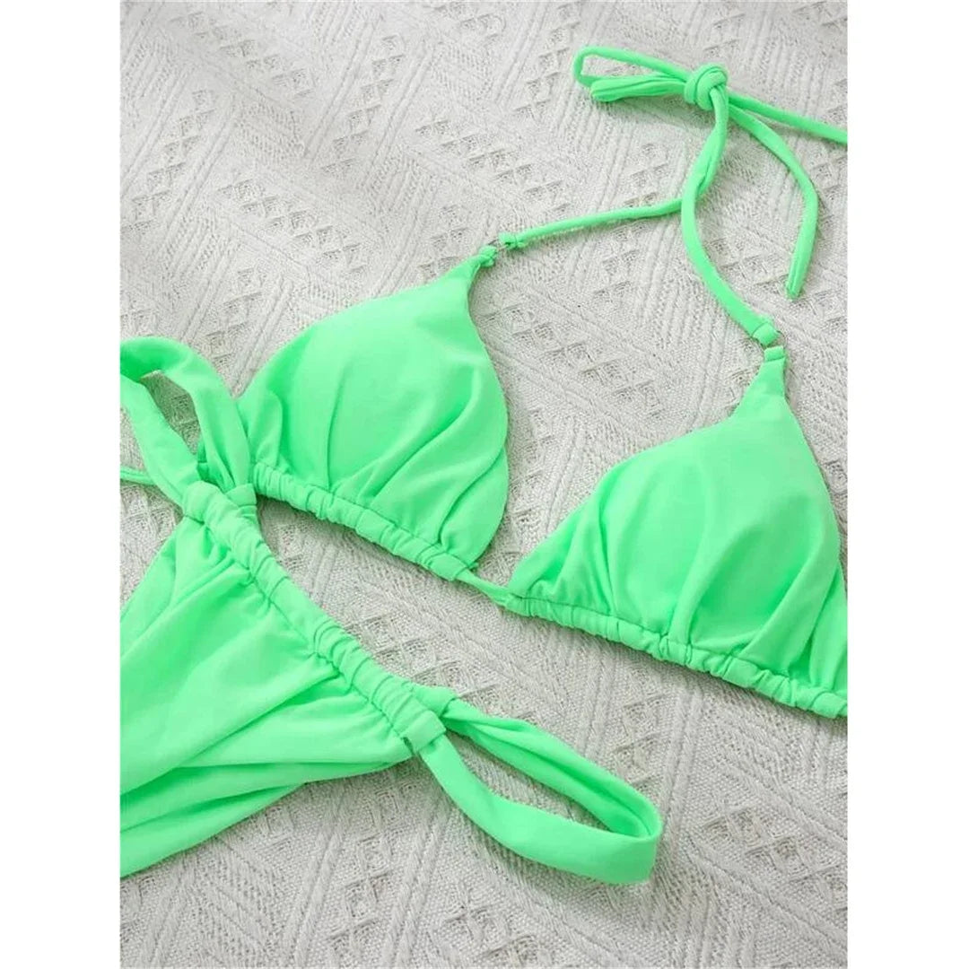 Wrinkled High Cut Mini Micro Thong Bikini Women Swimwear Female Swimsuit Two-pieces Bikini Set Halter Bather Bathing Suit Swim