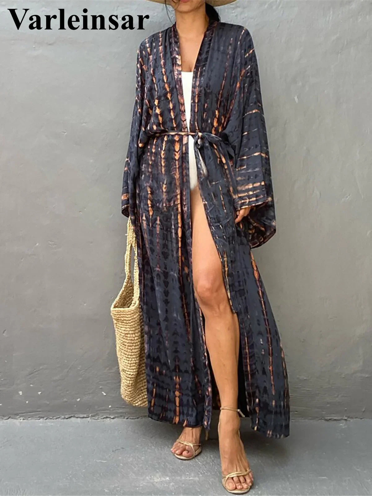 New 10 Colors Printed Long Sleeve With Belt Tunic Beach Cover Up Cover-ups Beach Dress Beach Wear Beachwear Female Women V4521