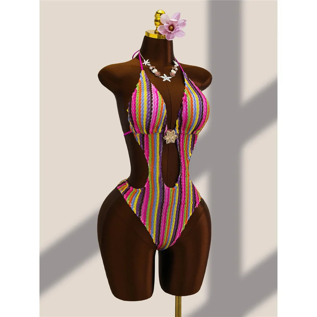 Striped Colorful Halter Cut Out One Piece Swimsuit Women Swimwear Female Monokini High Leg Cut Bather Bathing Suit Swim V8304