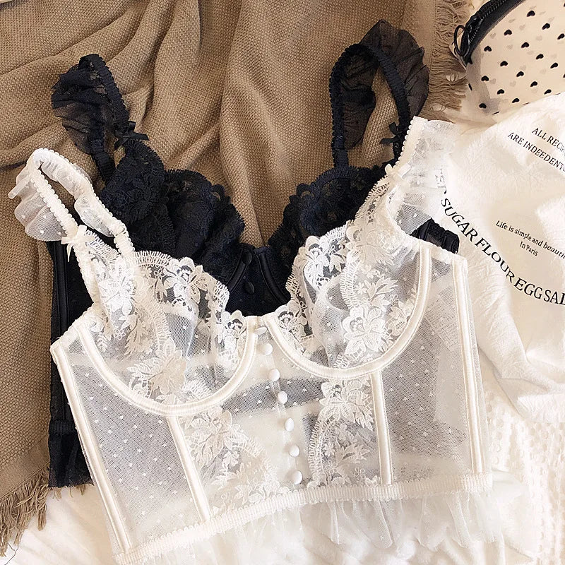 Women's French Lace Lingerie Set Sexy Ultra Thin See Through Bra & Thong Shaping Camisole Embroidery Underwear Set Hot Tushy P P