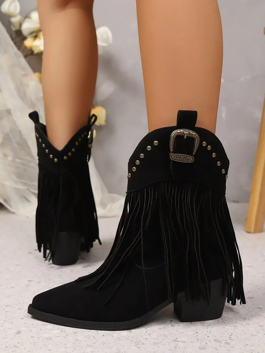 Women Ankle Boots Autumn  Suede Chelsea Boots Pointed Toe Tassel High Heel Shoe Rivet Fashion Retro Cowboy Boots Botas Mujer