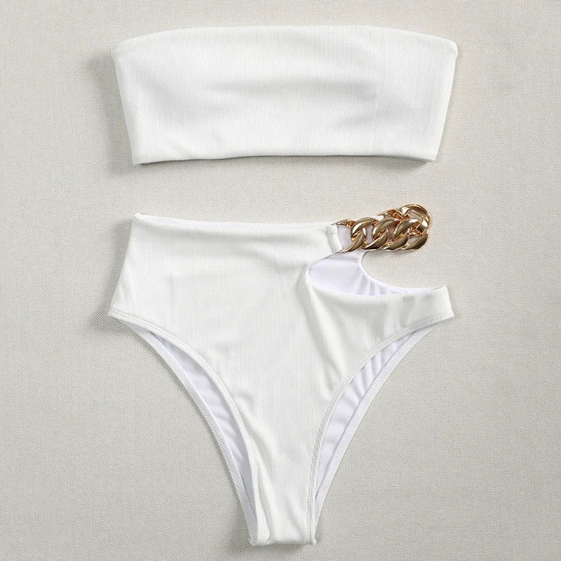 Metal Chain Ribbed Female Bandeau Swimsuit High Waist Bikini Women Swimwear Two-pieces Bikini set Asymmetric Bathing Suit Swim