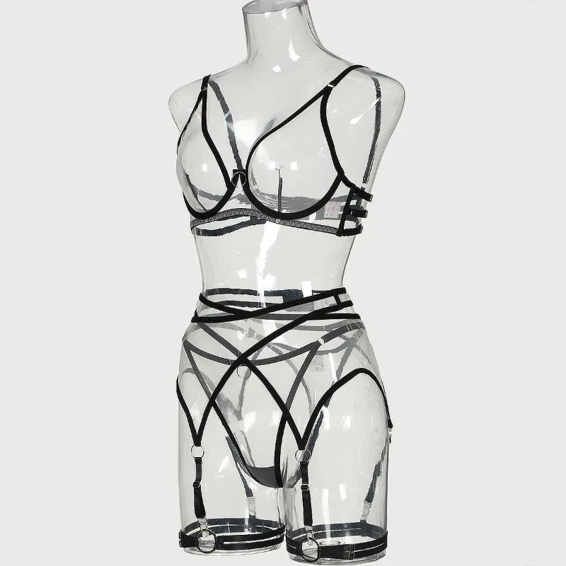 Toucheart 4 Piece Set Bra Set Nude See-Through Mesh Contrasting Color Hemmed Sexy Underwear For Women Girdle Garter Belt Suit