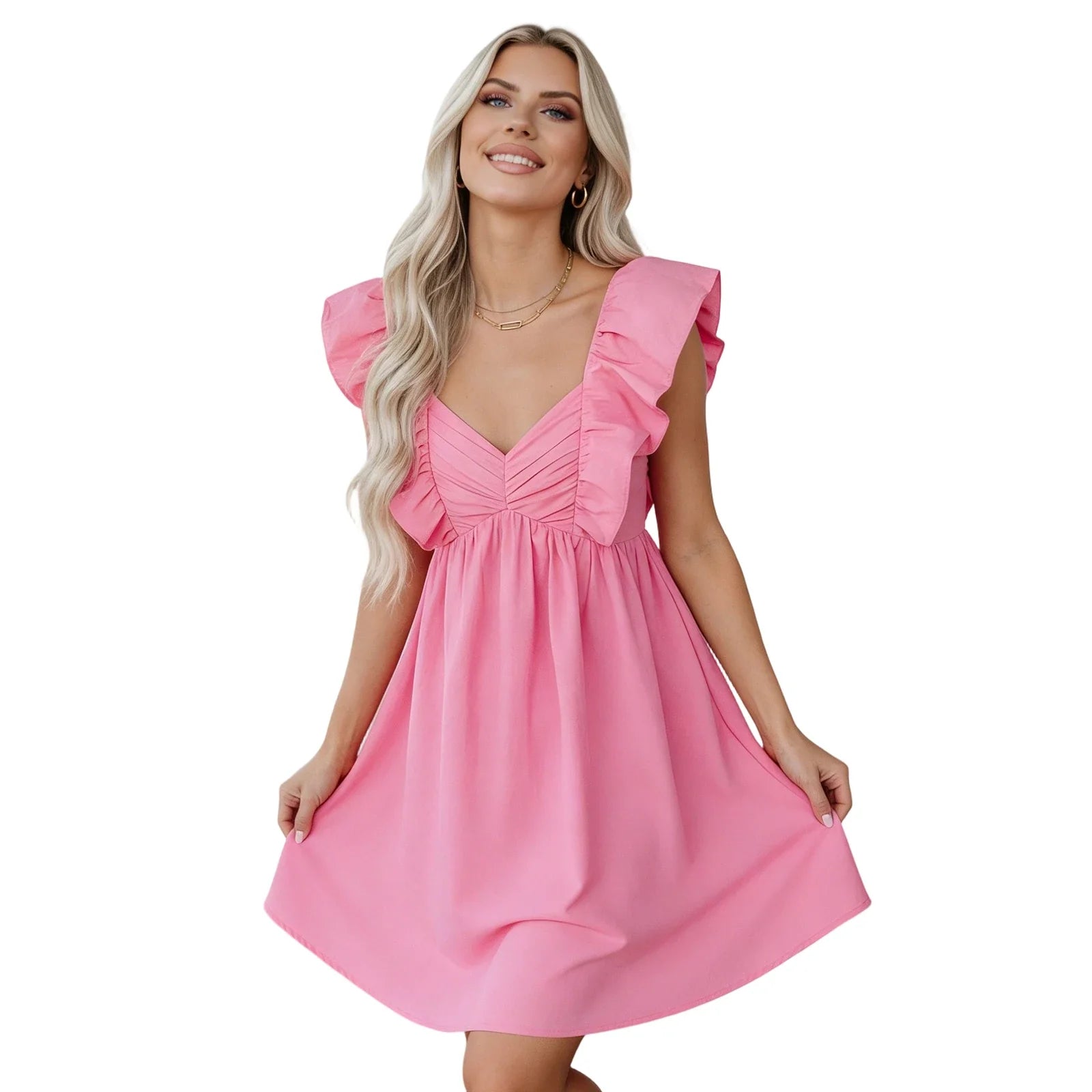 Women Summer Solid Color A-Line Dress Casual Sweetheart V-Neck Flutter Sleeves Mini Dresses for Beach Party Club