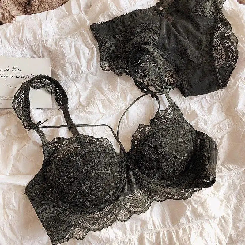 MOYISU French Pure Lace Bralette Petite Bra Set, AABB Cup with Removable Straps & Thin Push Up Pads, Soft Underwire Sexy Women's