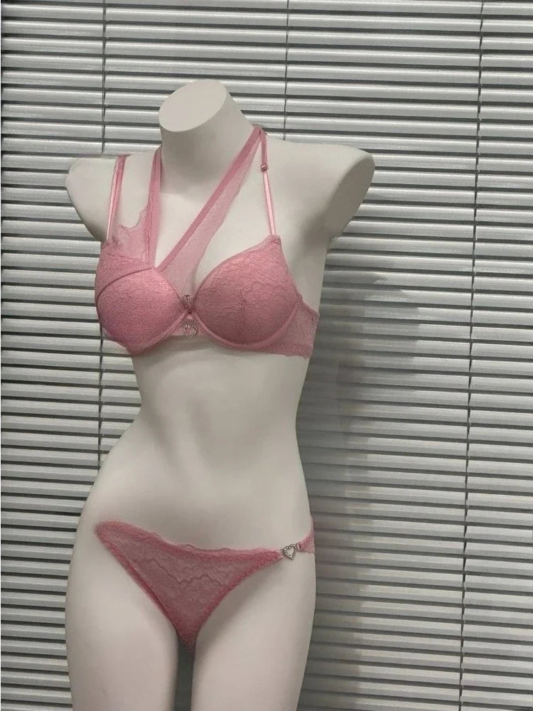 French Style Pure Desire Lingerie Set 3cm Thick Padded Cup Pink Diagonal Strap Nightclub Wear Sexy Bra Panty Set 32-38AB Canada