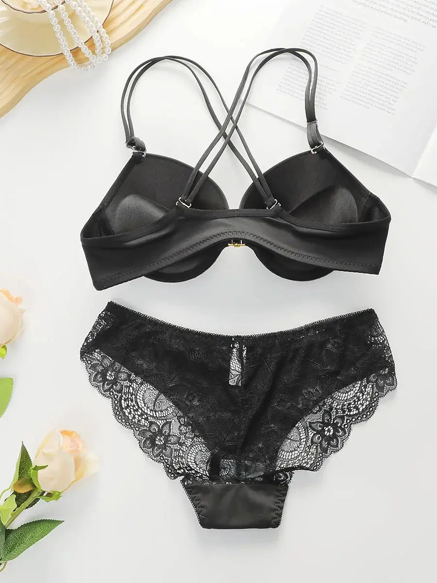 Women's Front Button Back Cross Strap Bra Set Gathering Push Ups Solid Color Lace Sexy Daily Comfort Casual Underwear Set A2159