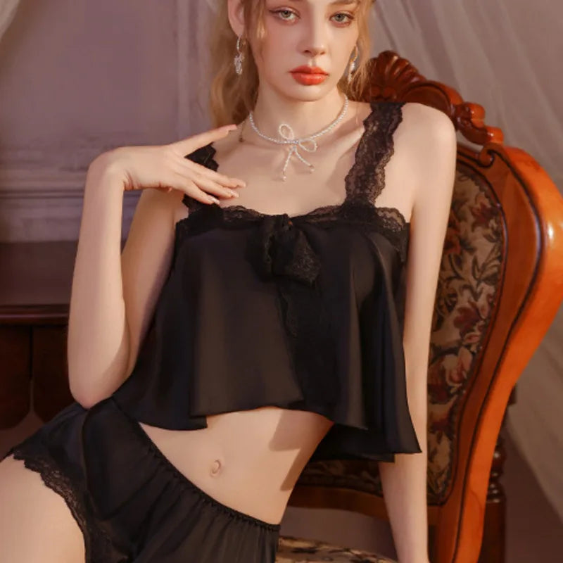 Pure Desire Home Wear Set New Sweet Style Camisole Shorts Pajamas Thin Sexy Ice Silk Home Wear Two-Piece Casual Style Sets N5GK