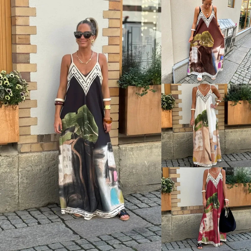 Casual Vacation Style Print Spaghetti Strap long Dresses Women Sexy V-neck Backless Loose Sleeveless Dress Female Summer New