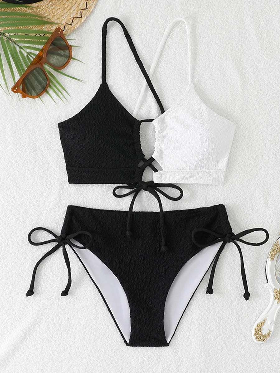 2026 Drawstring Triangle Bikini Women Sexy Color Block Swimwear Female Strappy Swimsuit Bathers Bathing Swimming Swim Suit