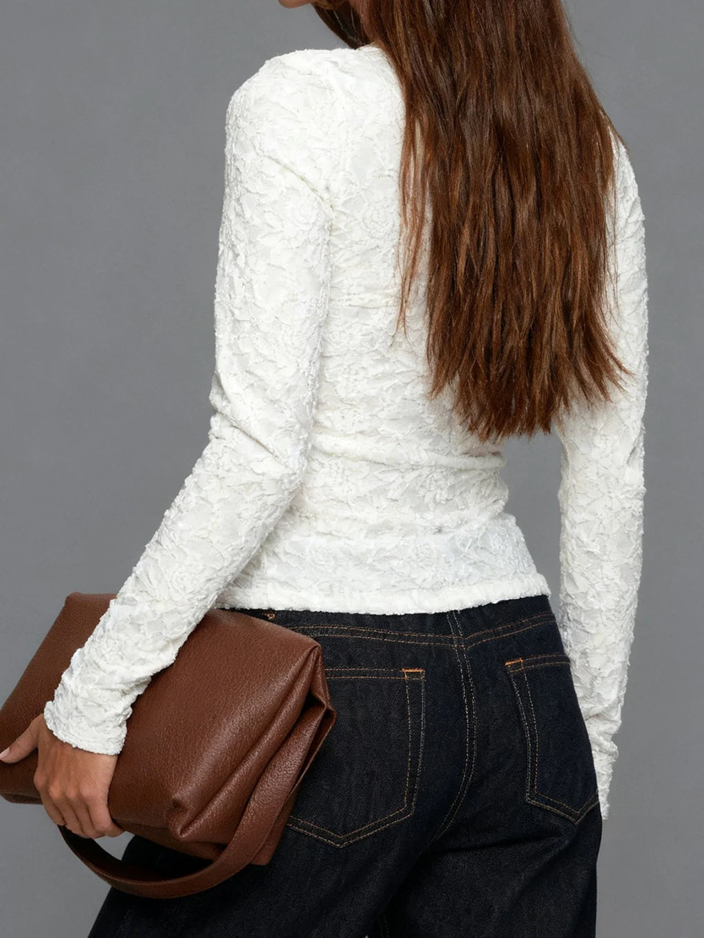 Women Long Sleeve Round Neck Spring Fall Lace Tops Slim Fit Solid Color Oblique Button Up T-shirts