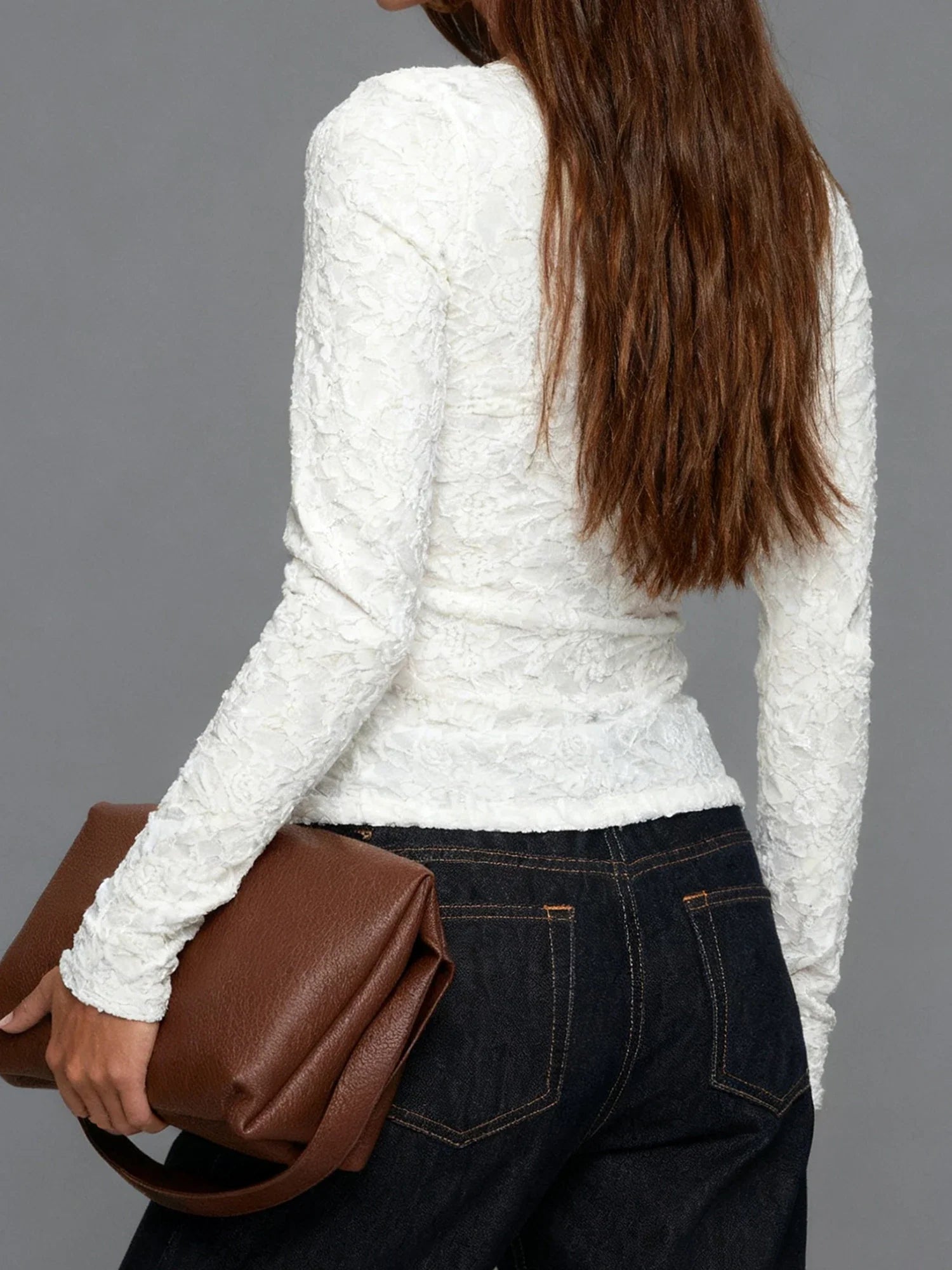 Women Long Sleeve Round Neck Spring Fall Lace Tops Slim Fit Solid Color Oblique Button Up T-shirts
