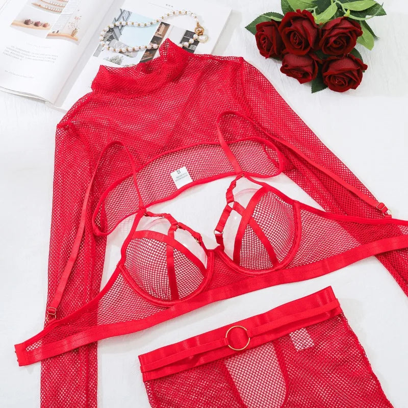 Toucheart Sexy Lingerie Set For Women Hollow Mesh See-through Sexy Temptation Free Underwear Long Sleeves Garters Lingerie Set
