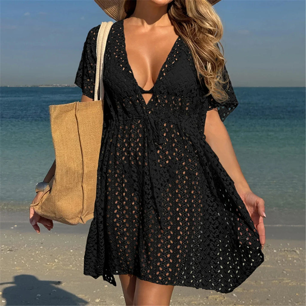 2025 V Neck Short Sleeve Hollow Out Knitted Tunic Beach Cover Up Cover-ups Beach Dress Beach Wear Beachwear Female Women K6535