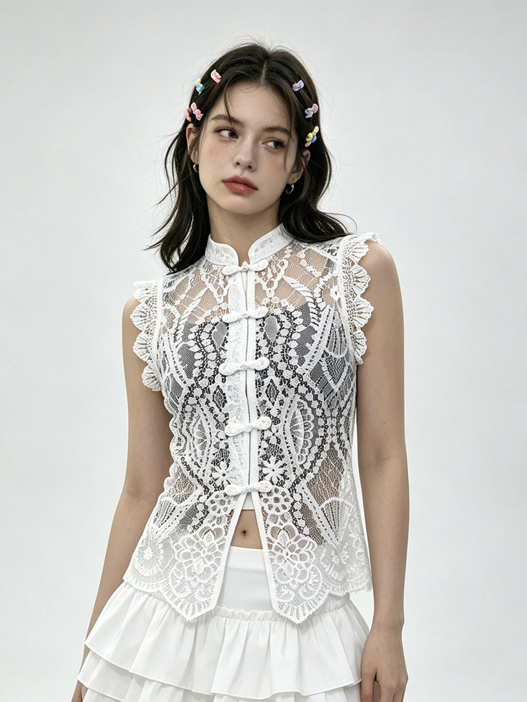 Women's Solid Color Lace Tank Tops Mandarin Collar Sleeveless Frog Buttons Summer Vest