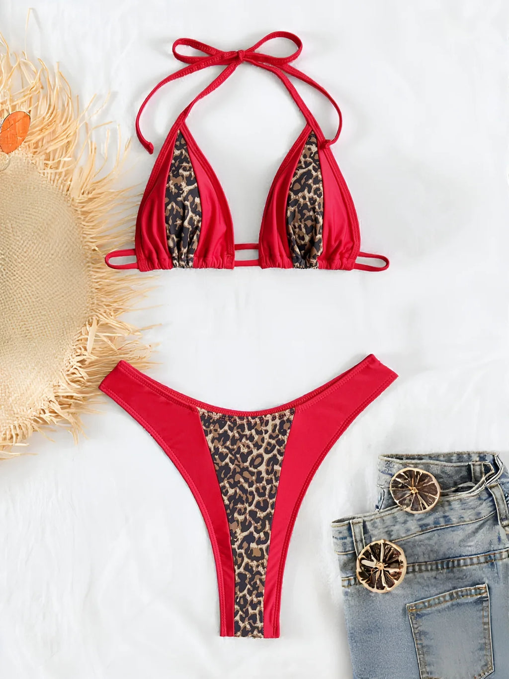2026 New Women's Leopard Patchwork Swimsuit Sexy Backless Lace-up Bikini Swimwear Low Waist Push Up Thong Bathing Suit Beachwear