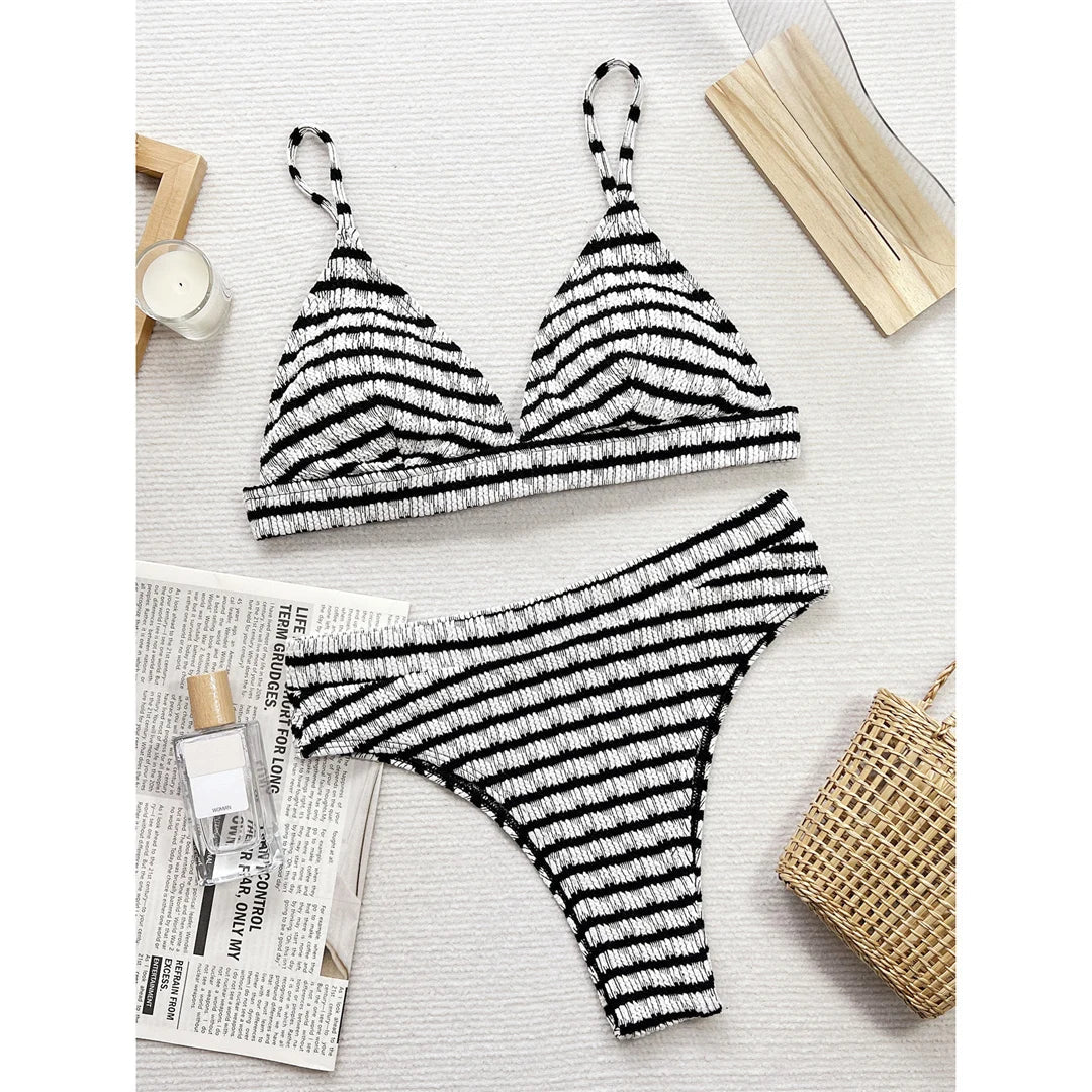 Sexy Black White Striped High Waist Bikini Female Swimsuit Women Swimwear Two-Pieces Bikini Set Bather Bathing Suit Swim V5830