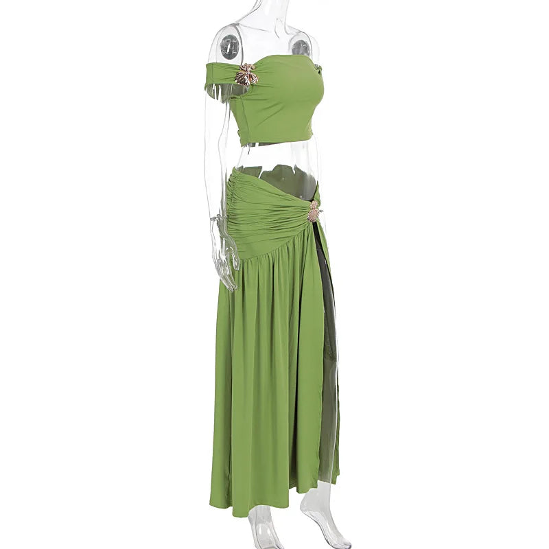 Summer Skirt Set Women Metal Flower Sexy Off Shoulder Slim Crop Top High Slit Skirt Sets Fashion Backless Pleated 2 Piece Suits