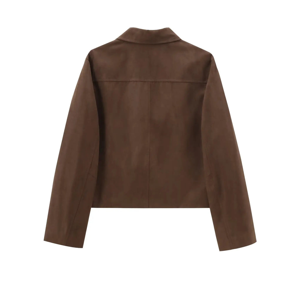 Foridol Buttons Brown Suede Jacket Autumn for Women Pockets Casual Turn Down Collar Short Jacket Femme Veste Chic New Coat