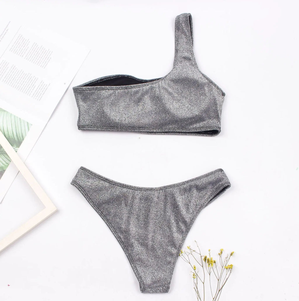 Fashion Single Shoulder Women Bikinis Set Female Shinning High Waist Swimsuit Swimwear Woman Solid Glitter Beach Bathing Suit