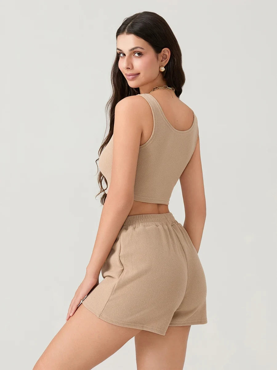 Women 2 Piece Sets Summer Fitness Short Sets Sleeveless Square Neck Crop Vest + Loose Shorts Casual Tracksuits