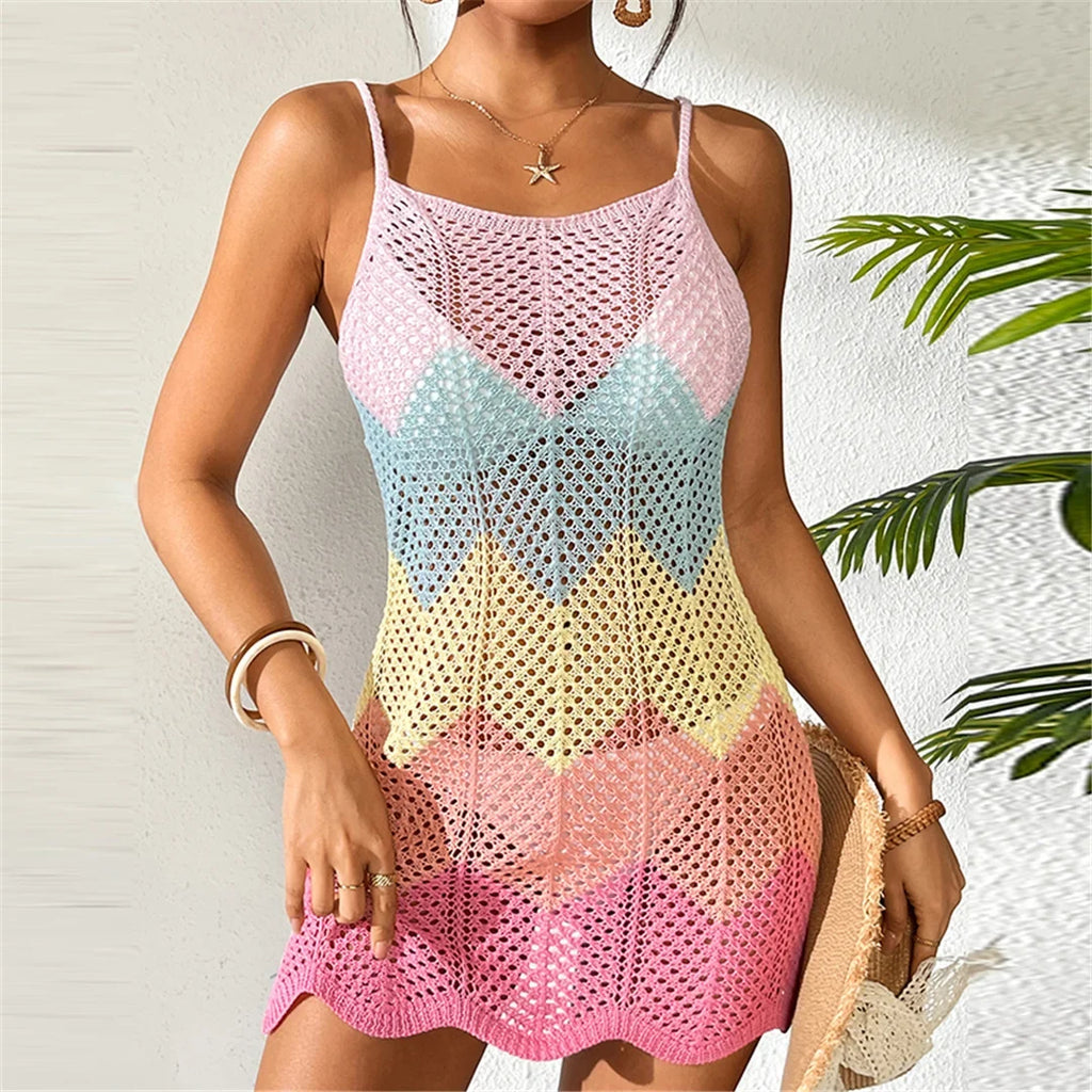 2025 New Colorful Hollow Out Crochet Knitted Tunic Beach Cover Up Cover-ups Beach Dress Beach Wear Beachwear Female Women K6522