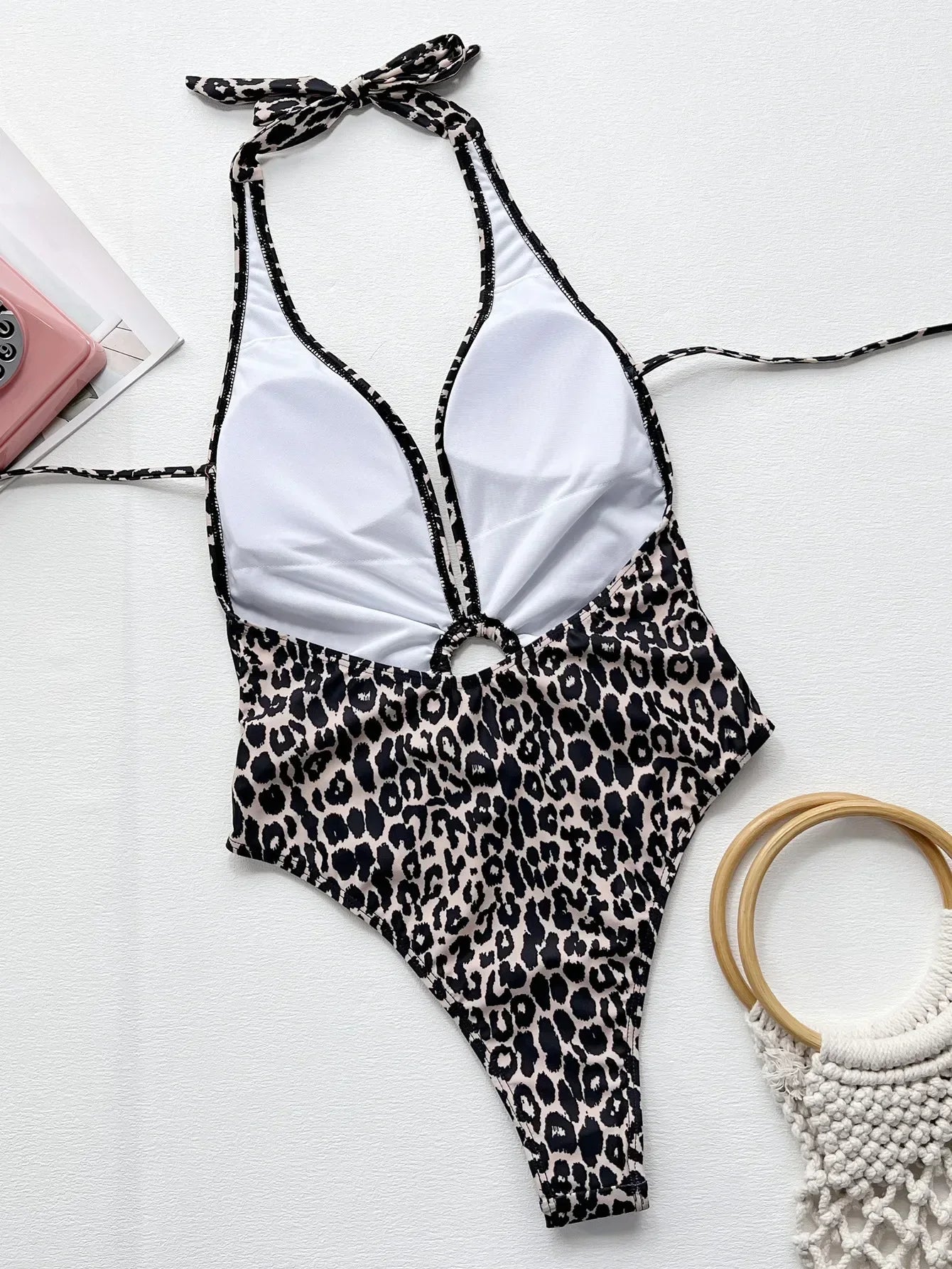 2026 Sexy One Piece Swimsuit Swimwear Women Deep V-neck Halter Leopard Metal Circle Bathing Suit Beachwear Maillot De Bain Femme
