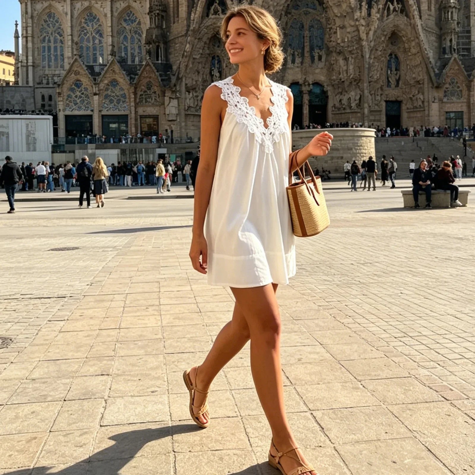 Women's Sleeveless White Mini Dress Floral Lace V Neck Summer Fashionable Solid Color Loose Fit Dress for Beach Vacations