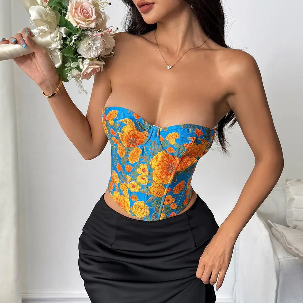 French Retro Jacquard Oil Sunflower Painting Vest Tank Top Women Off Shoulder Slim Fishbone Corset Back Criss Cross Club Tops