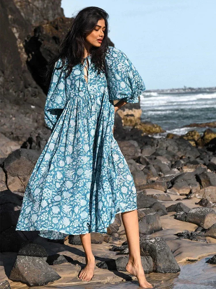 Foridol Lantern Half Sleeve Cyan Bohemian Beach Midi Loose Dress Summer for Women Tie Up Casual Floral Holiday Midi Vestidos