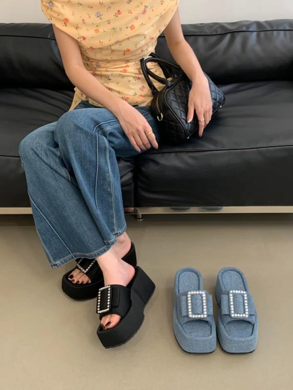 Women Punk Lazy Platform Sandals Buckle Design Garden Shoes Roman Street Slippers Flip Flops Denim Blue Outdoor Beach Shoes