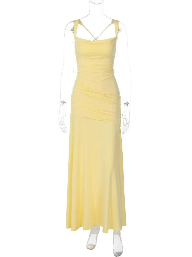 FDYOUI New Fashion Sleeveless Bandage Long Evening Dresses for Women 2026 Spaghetti Strap Lace-up Tunics Folds Party Prom Dress