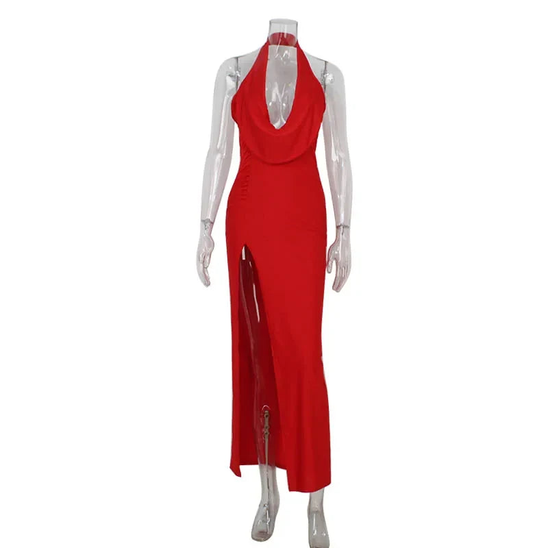 Ahagaga Fashion Sexy Women's Party Dresses Solid Swinging Collar High Split Sleeveless Maxi Slim Folds Blackless Vestidos Robes