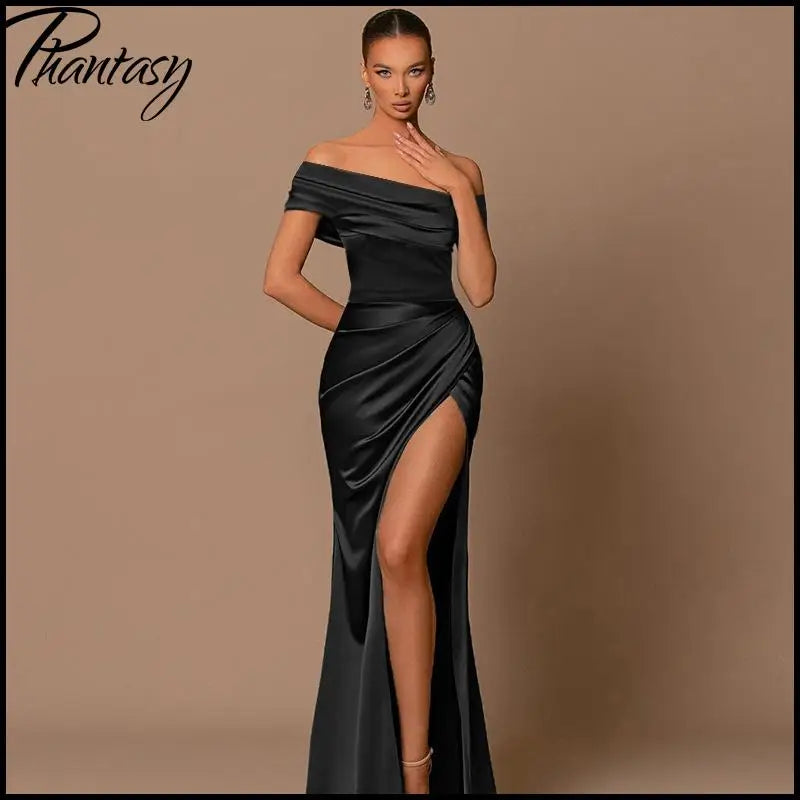 Elegant Satin Solid Color Off-Shoulder Women's Long Dress Sexy High-Waisted Flim Slit Pleated Dress for Lady Party Wedding