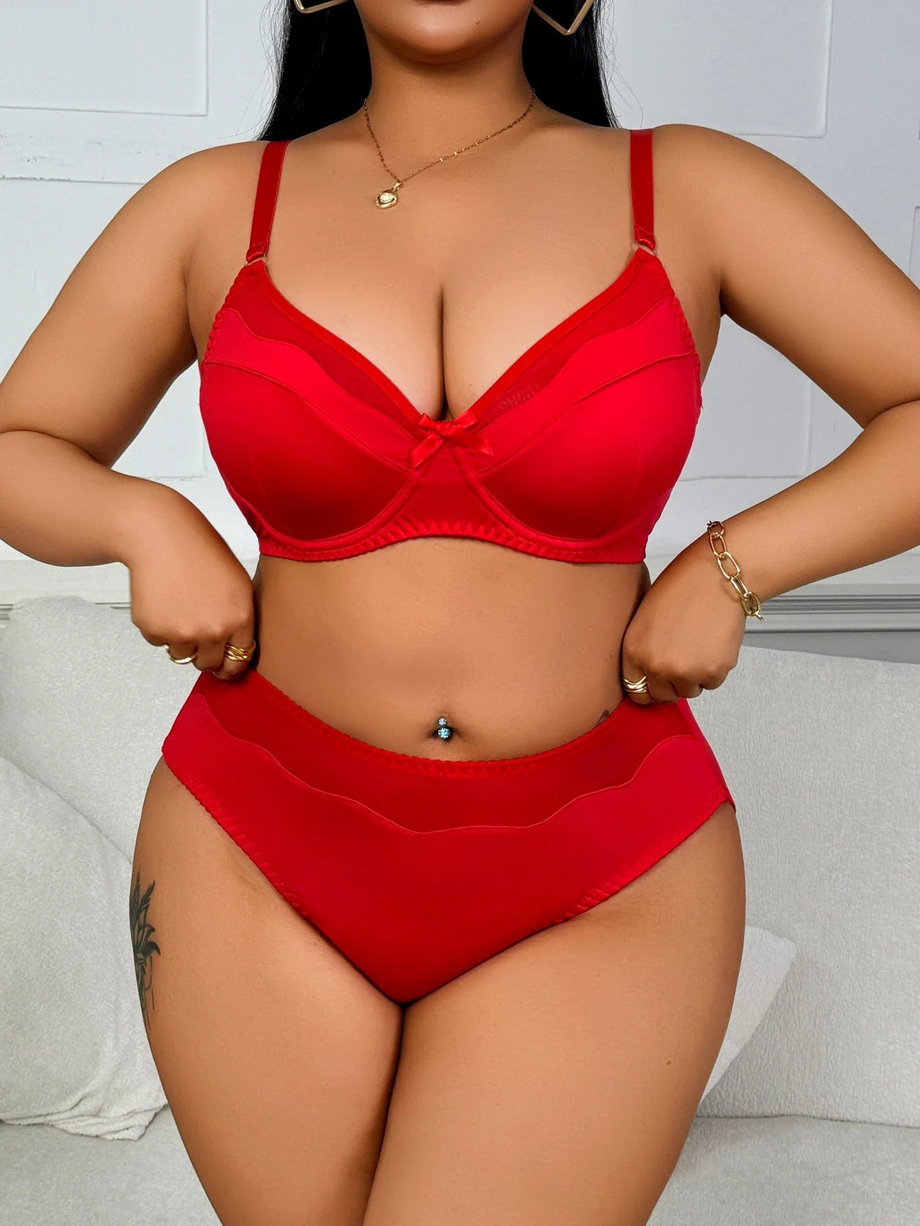 Plus Size Minimizer Lingerie Set, Sexy Red Smooth Seamless Wire-free Support Bra
